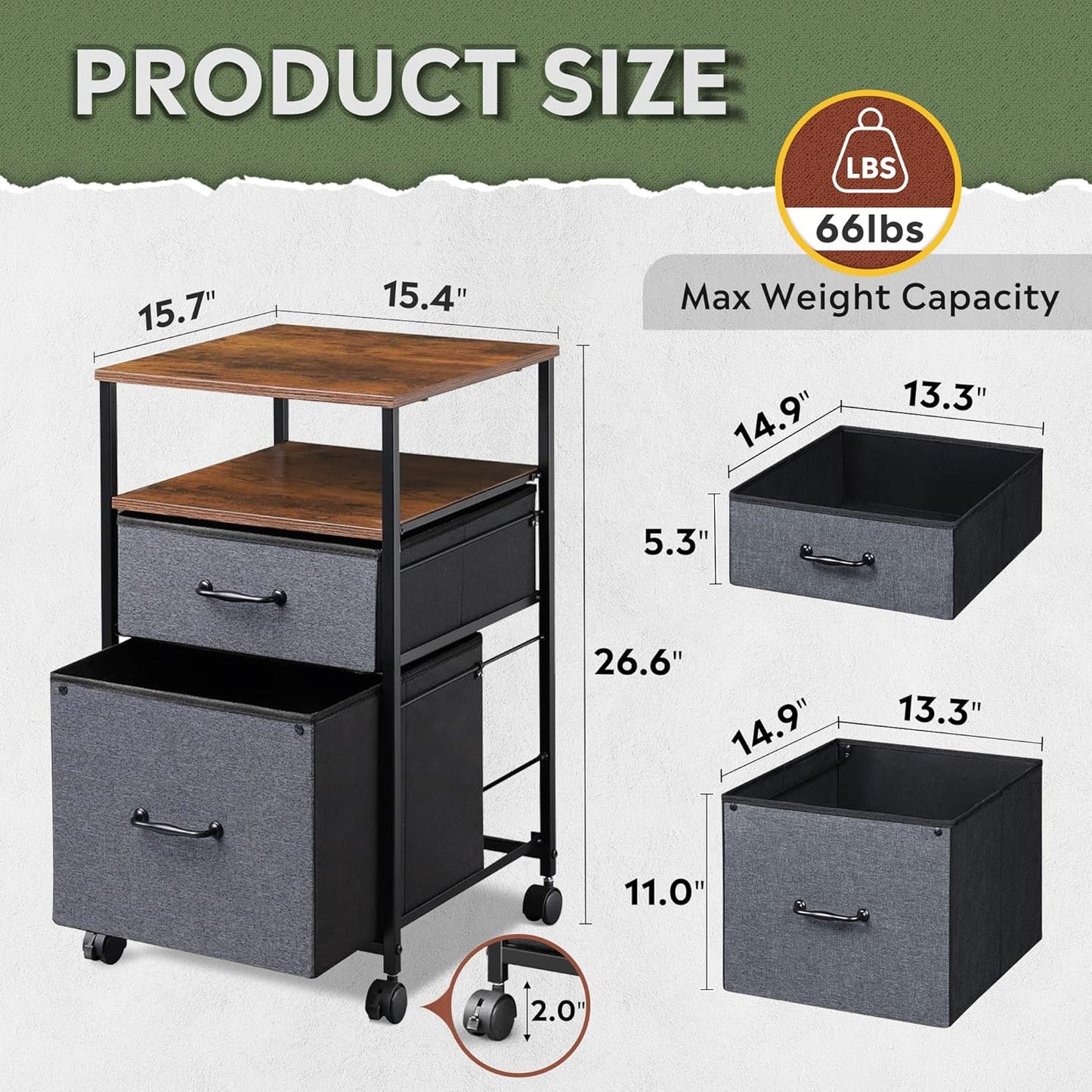 DEVAISE 2 Drawer Mobile File Cabinet, Rolling Printer Stand with Open Storage Shelf, Rustic Brown