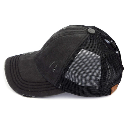 C.C Exclusives Washed Distressed Cotton Denim Criss-Cross Ponytail Hat Baseball Cap Bundle Hair Tie (BT-780) (Black)