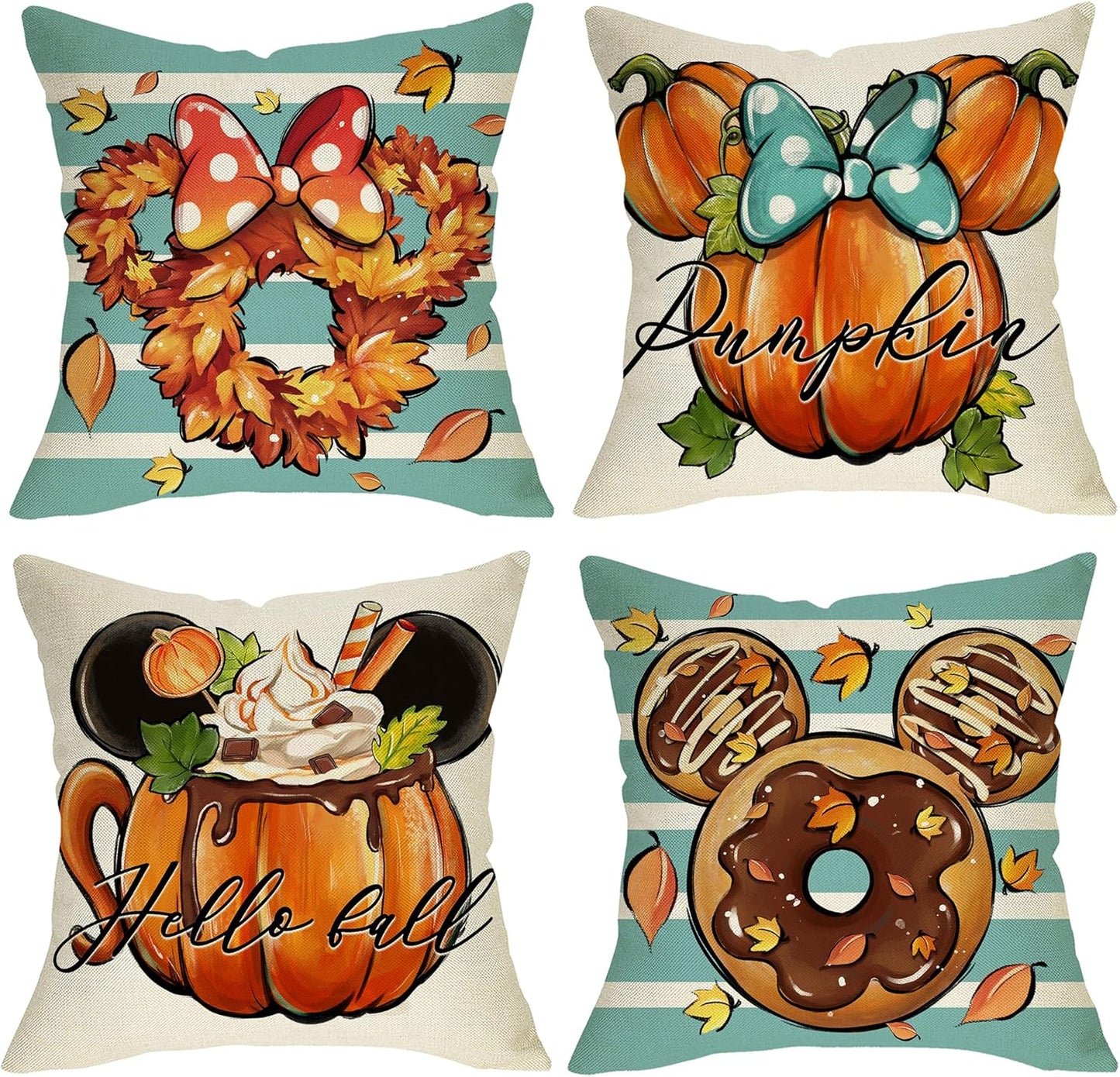 Hello Fall Mouse Pumpkin Decorative Throw Pillow Covers - 20 x 20 Set of 4 for Autumn Home Decor