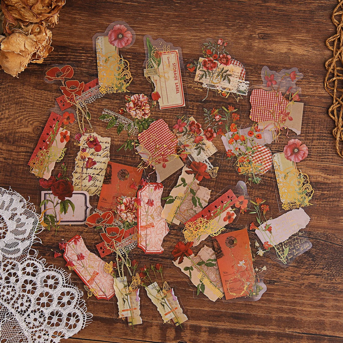 Dizdkizd Die Cut Gold Foil Floral Stickers (180 Pieces), Transparent Aesthetics Sticker Set Vintage Flower Decals for Scrapbooking Card Making Journaling Paper Crafting