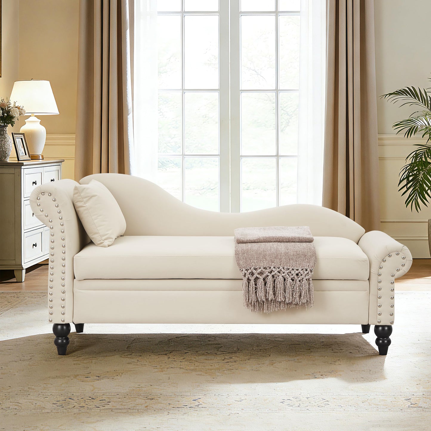 ERYE Velvet Upholstered Right Facing Chaise Lounge Chair, Beige Chaise Lounge Storage W/Nailhead Trim, Wood Legs, Classic Recliner Lounger Accent Sofa for Living Room Bedroom