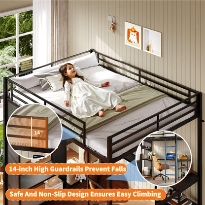 GarveeHome Queen Loft Bed with L-Shaped Desk and Storage Shelves, Queen Size Loft Bed Frame with Wardrobe, Hanging Rod, Guardrail and Ladder, Adults-Loft Beds Nosie-Free
