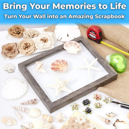 Super-Sturdy, 11x14 Gray Shadow Box Frame With Glass 2pk. Fill Large Rustic Wood Memory Box With Wedding Flowers, Jerseys, Pet Photos, Ticket Stubs, or Medals. Great Seashell Display Case