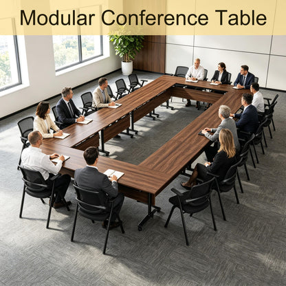 Modular Folding Conference Room Table with Wheels - 6 Pack Flip Top Mobile Training Table,Modern Meeting Tables 2-30 Person,Walnut,61"x 19.6"x 29.5"