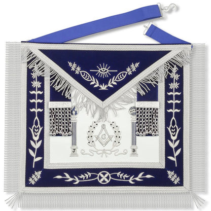 Masonic Master Mason Lambskin Apron - Navy Blue Velvet Borders with Gold Bullion Thread Fringe - Embroidered J & B Pillars and Square & Compass Logo