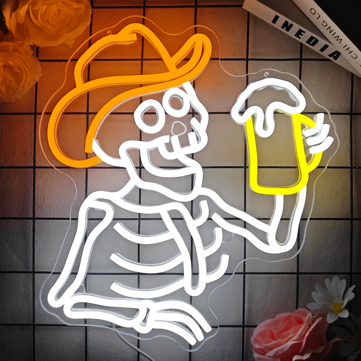 hhuohuona Cowboy Skeleton Beer Neon Sign Dimmable Western Bar Led Signs for Wall Skull Neon Sign Western Bedroom Decor Neon Lights for Man Cave Cowboy Gifts for Men