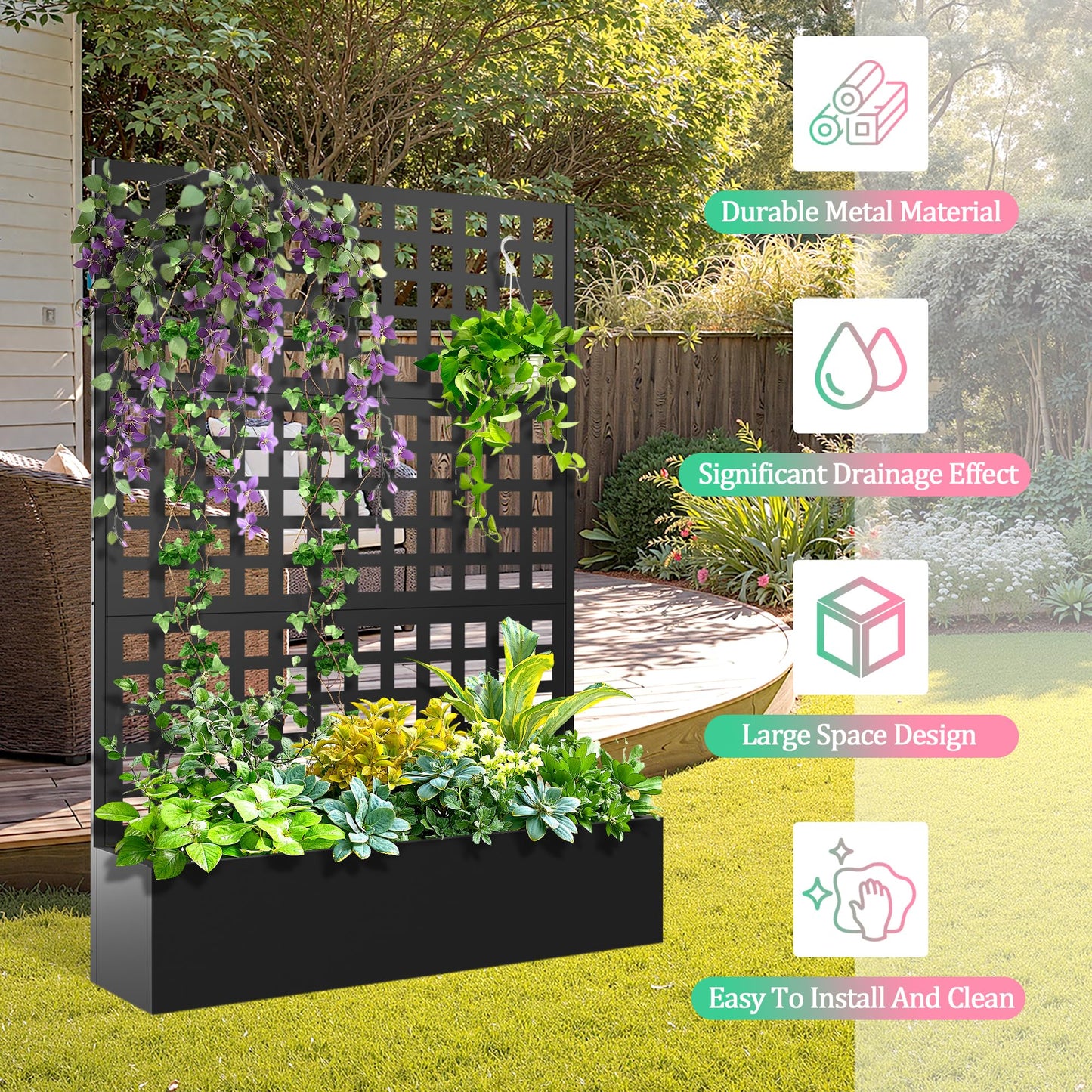 Metal Raised Garden Bed with Trellis for Climbing Plants, Vegetable, Vines,Metal Planter Box with Trellis 71"x47"x16",Trellis with Planter Box & Privacy Screen(Black)