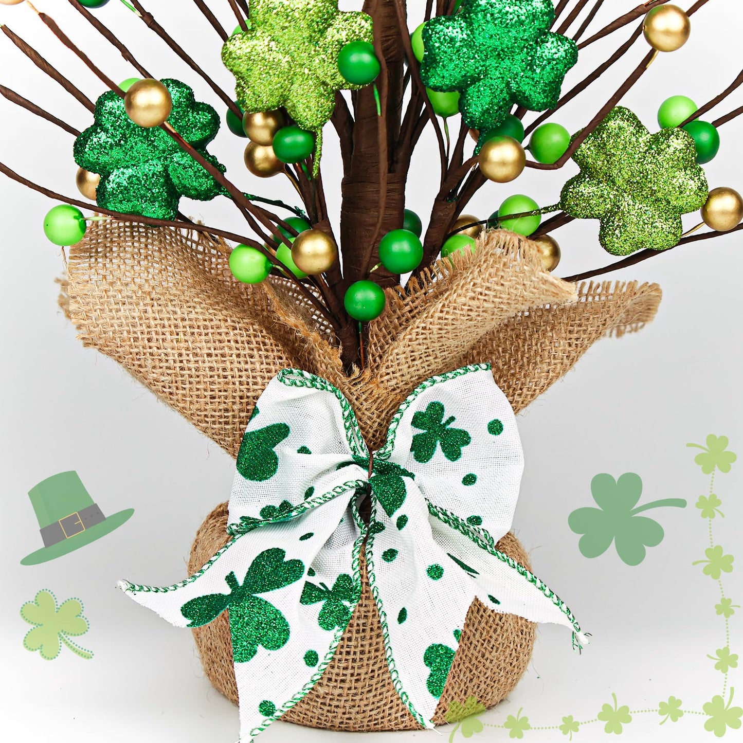 Lotus Hills St Patricks Day Decor, 20 Inch Shiny Shamrock Table Tree with Burlap Base and Bow, St Patricks Day Decorations, St Patricks Day Table Mantel Decor, Greenery Irish Shamrock Decorations