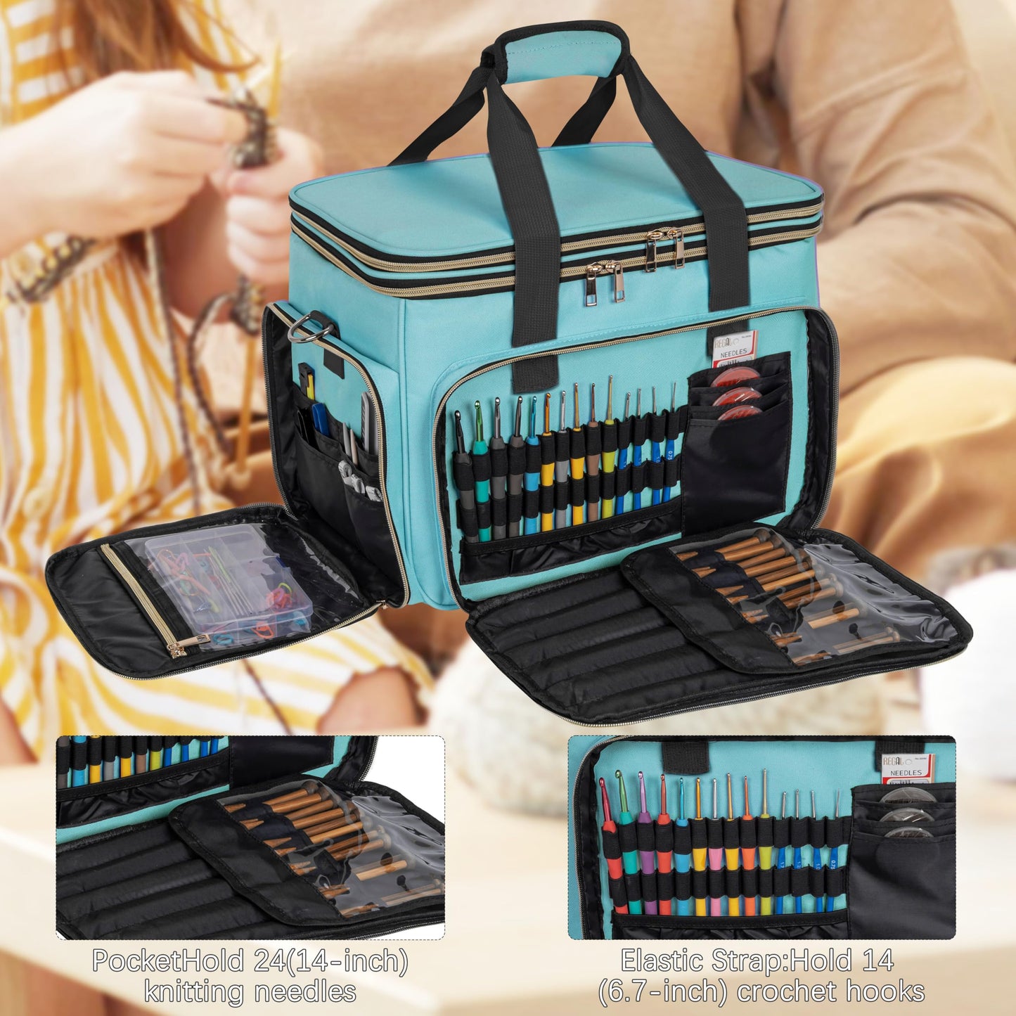 Large Knitting Bag Yarn Storage Organizer,Portable Crochet Tote Bag,Yarn Bags for Crocheting On The Go for Knitting Needles, Crochet Hooks, Knitting Accessories, Unfinished Project