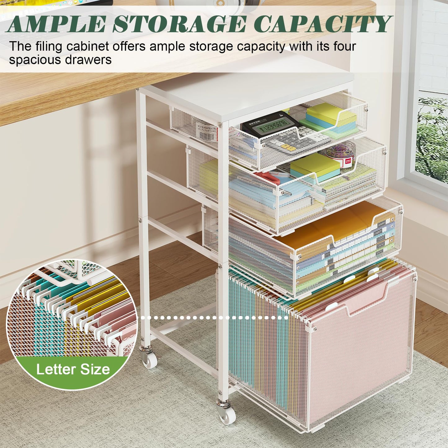 Sbanmao 4 Drawer Rolling File Cart with Wheels, Mobile Filing Cabinet for Home Office, Hanging File Organizer, Under Desk Storage, Multifunctional Utility Cart Printer Stand, White