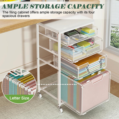 Sbanmao 4 Drawer Rolling File Cart with Wheels, Mobile Filing Cabinet for Home Office, Hanging File Organizer, Under Desk Storage, Multifunctional Utility Cart Printer Stand, White