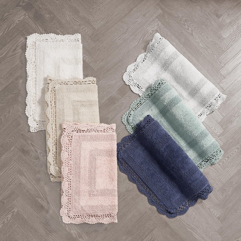 Laura Ashley Absorbent Bath Mat Reversible Crochet Soft and Plush Bathroom Mat 100% Cotton 17x24 Bath Rug, Aqua Blue
