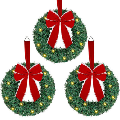 ATDAWN 3 Pack Mini Christmas Wreath, Lighted Christmas Front Door Wreath, Xmas Wreath for Holiday Christmas Party Decorations (Red Bow)