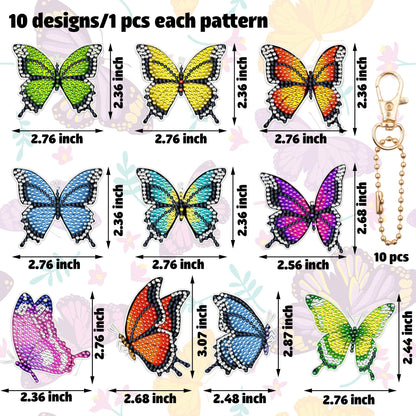 10 PCS Butterfly Diamond Painting Keychains Kit Double Sided Diamonds Art Key Rings Hanging 5D Diamond Ornaments Butterfly Full Drill Diamonds Pendants for Spring Summer Beginners Adults DIY Crafts