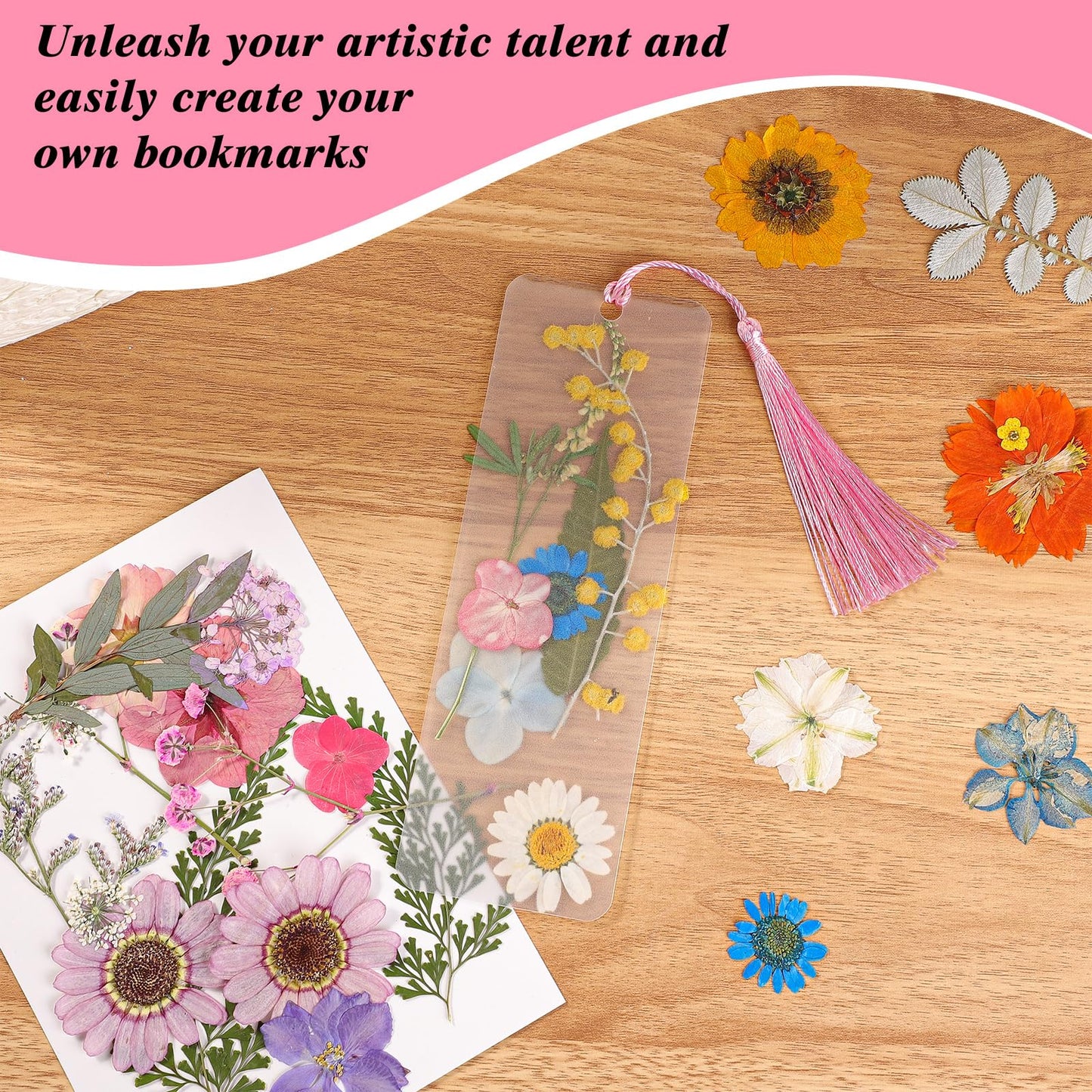 WSICSE 326Pcs Pressed Flower Bookmark Making Kit, Includes 125 Dried Flowers, 100Pcs 12 Mils Bookmarks Laminating Pouches, 100 Tassle and 1 Puncher, DIY Bookmark Kit for Book Lovers(1.96 x 5.9'')