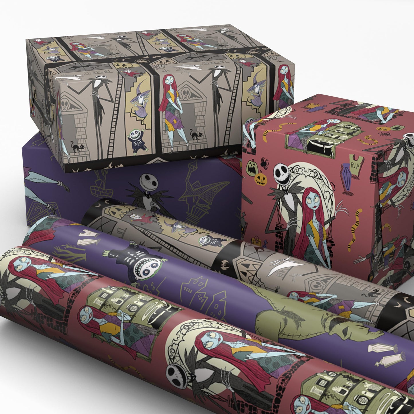 Hallmark Nightmare Before Christmas Wrapping Paper Mini Rolls, 3-Pack (Jack Skellington, Sally, Zero on Pink, Purple, Black) for Birthdays, Valentine's Day, Halloween, Any Occasion - 45 Sq. Ft. Total