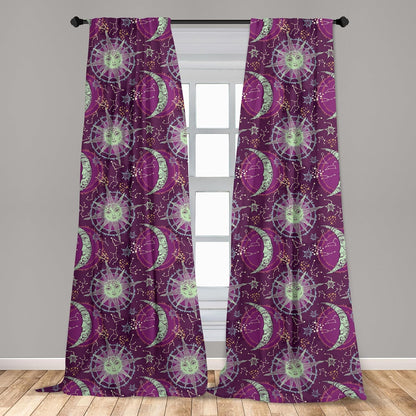 Lunarable 2-Panel Sun and Moon Window Curtains, Celestial Fantasy with Constellations on Purple, 28" x 63", Multicolor