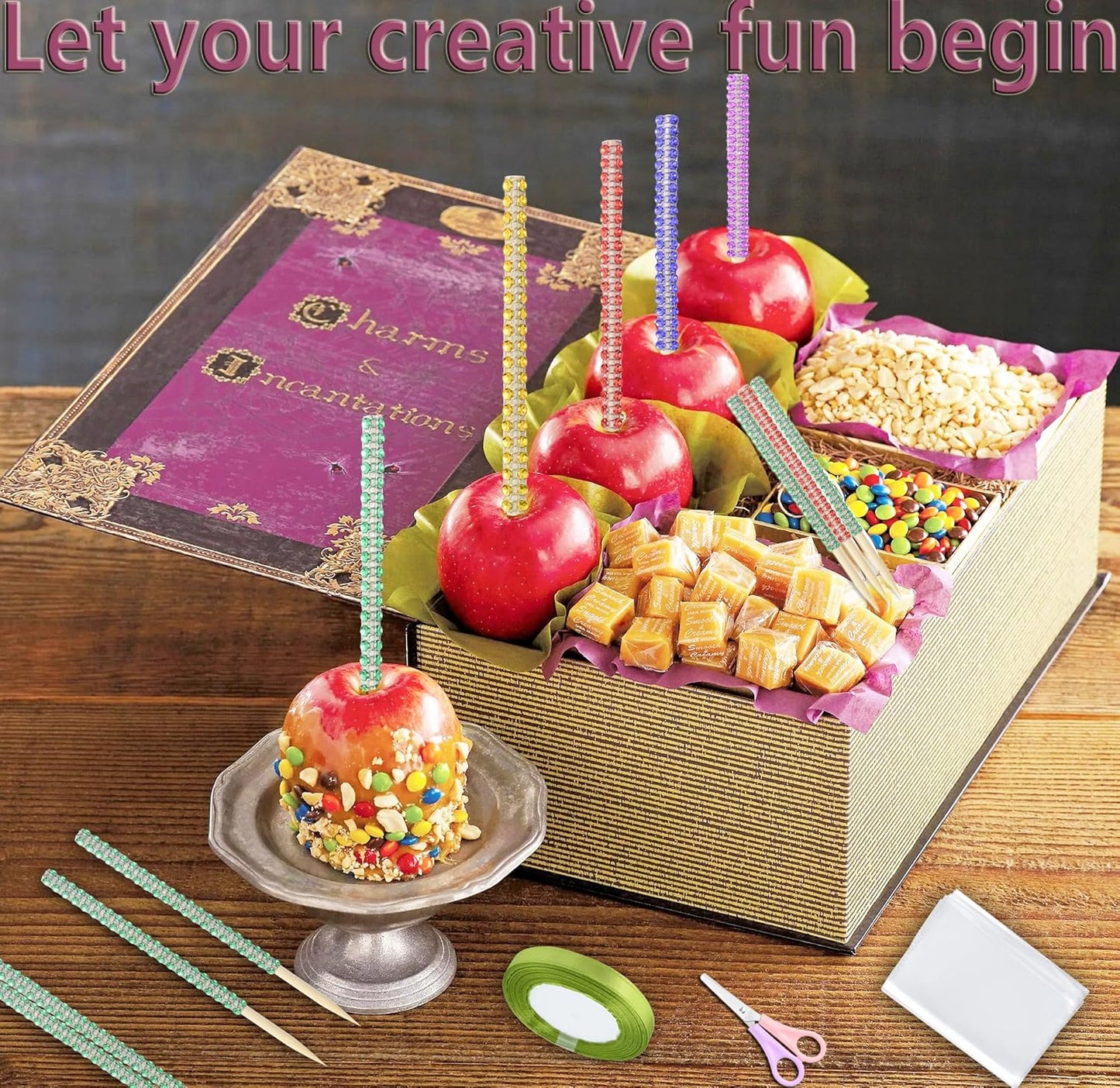 MULTIONS 26+24PCS set,Treat Including24PCS 6-Inch Stick24PCS Candy Apple Stick Sticks Rhinestone Apple Bamboo Bags a