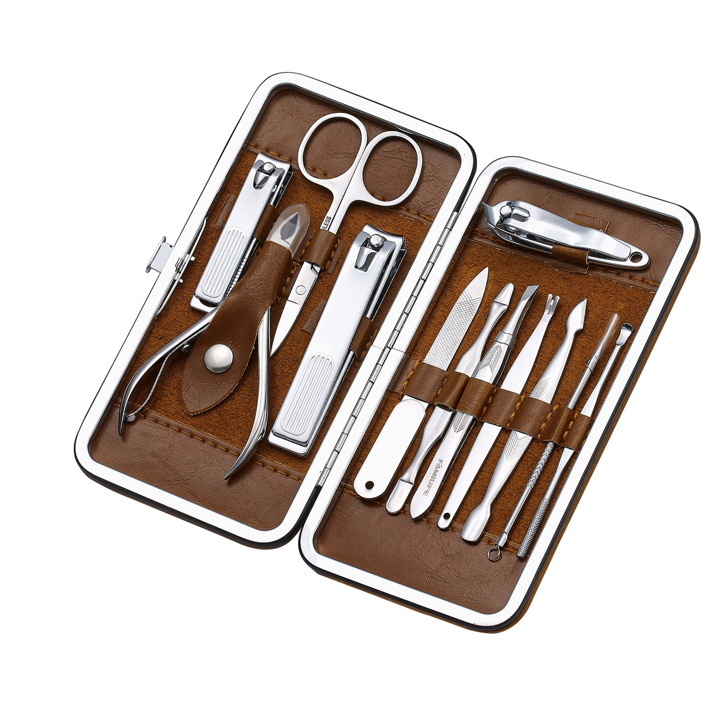 FAMILIFE Manicure Set, Nail Professional Kit Manicure Kits Nail Clipper Sets, 13PCS Stainless Steel Pedicure Sets Mens Grooming Tool, with Brown Leather Travel Case for Men