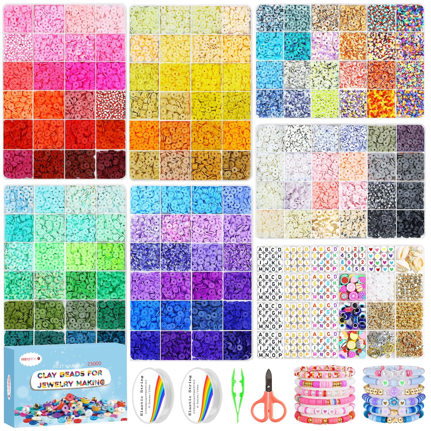 Redtwo 23000Pcs Clay Beads Friendship Bracelet Making Kit, 7 Boxes 144 Colors Flat Polymer Heishi Beads Set for Friendship Jewelry Making Kit with Pendant Charms, Crafts Gifts for Girls Ages 6-12 Kids