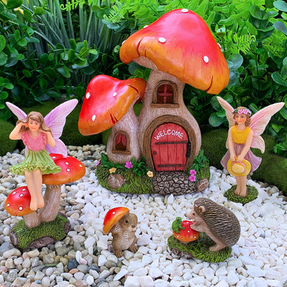 Mood Lab Fairy Garden Figurines - Mushroom House Set (6 pcs) - Miniature Decorative Statues & Accessories - Outdoor & Indoor Garden Decor