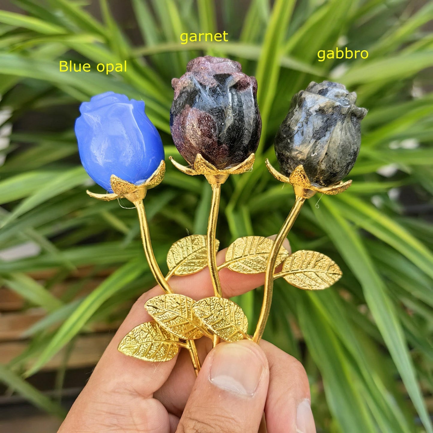Crystal Rose Gemstone Flower Jewelry Carved Home Decoration,Reiki Heal,Girlfriend Gift,Mom's Gift,Valentines Gift (Golden stem,2piece Sodalite)