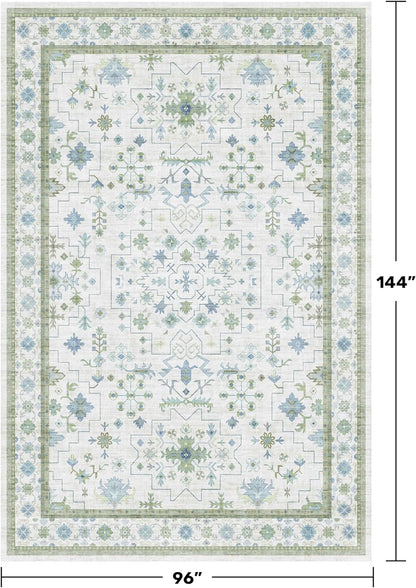 Regine Switzerland Large 8x12 Area Rug - Washable Non-Skid Geometric Floral Design in Cream Green