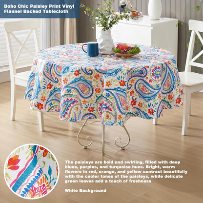 Newbridge Boho Chic Paisley Vinyl Tablecloth with Flannel Backing, 70 Inch Round, Blue Red Pink Floral Print
