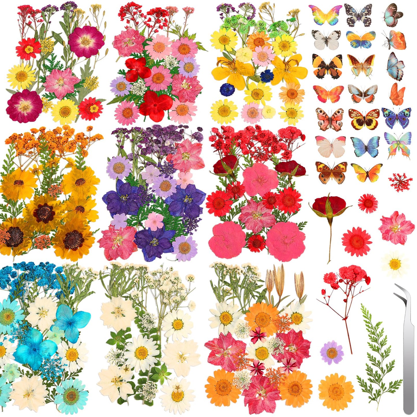 235 Pcs Pressed Dried Flowers for Resin, Natural Real Dried Pressed Flowers for Crafts, Bulk Dry Flowers for Resin Molds, Candles, DIY Art Jewelry Making with Tweezers Butterfly Stickers Set Decorate