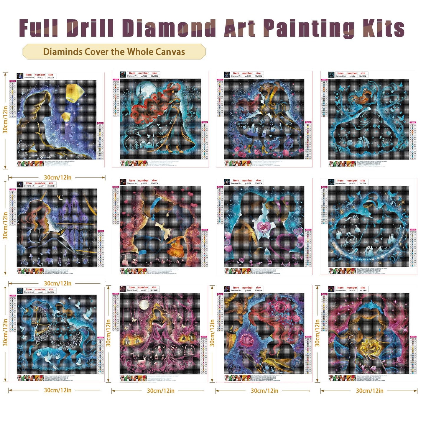 KEYRANKE 12 Pack Princess Diamond Painting Kits for Adults 5D DIY Diamond Art Kit Paint with Round Full Drill Diamonds for Beginners Gem Paintings Art for Home Wall Decor Gifts (12X12 Inch)