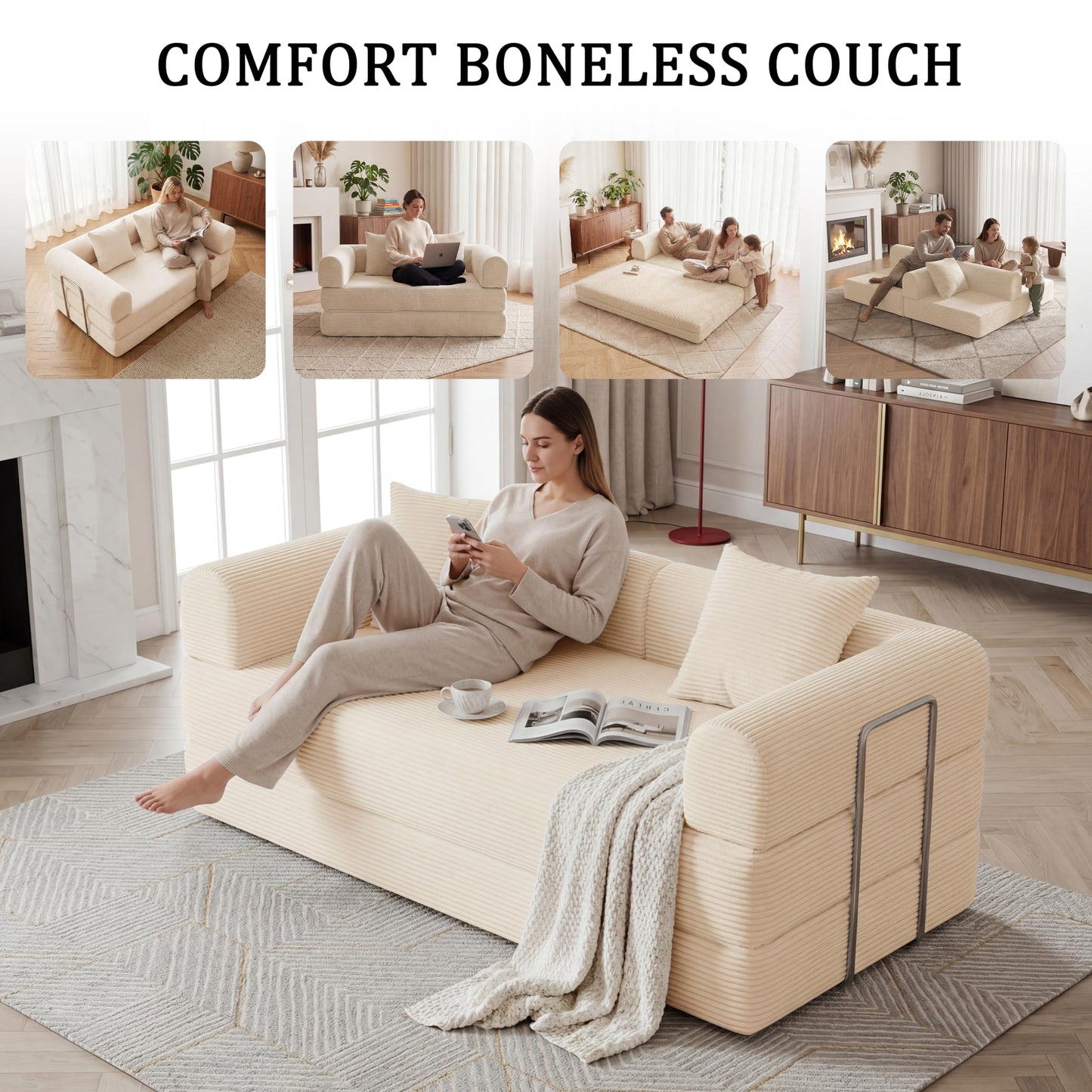 HouseMila 59" Boneless Couch,4-in-1 Futon Sofa Bed Modular Loveseat Sleeper Folding Compressed Couch with Pillows,No Assembly Required Convertible Sofa Bed for Living Room Bedroom Guest Room,Beige