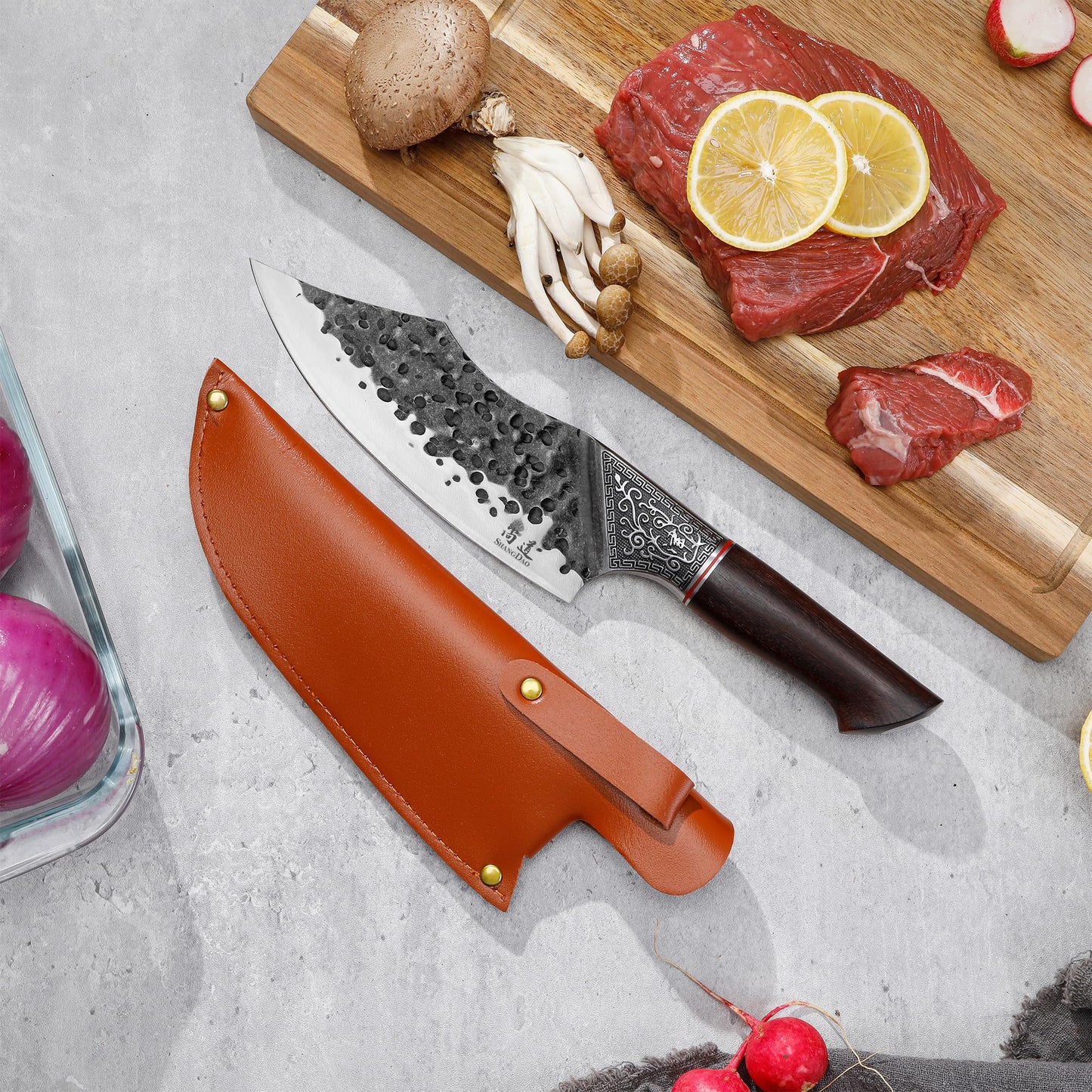 SHANGDAO 7" Chef Knife - Butcher Knife for Meat, Japanese High Carbon Meat Cleaver Knife, Hand Forged Meat Cutting Knife, Ultra Sharp Kitchen Knife for Home, Camping BBQ Cooking Knife