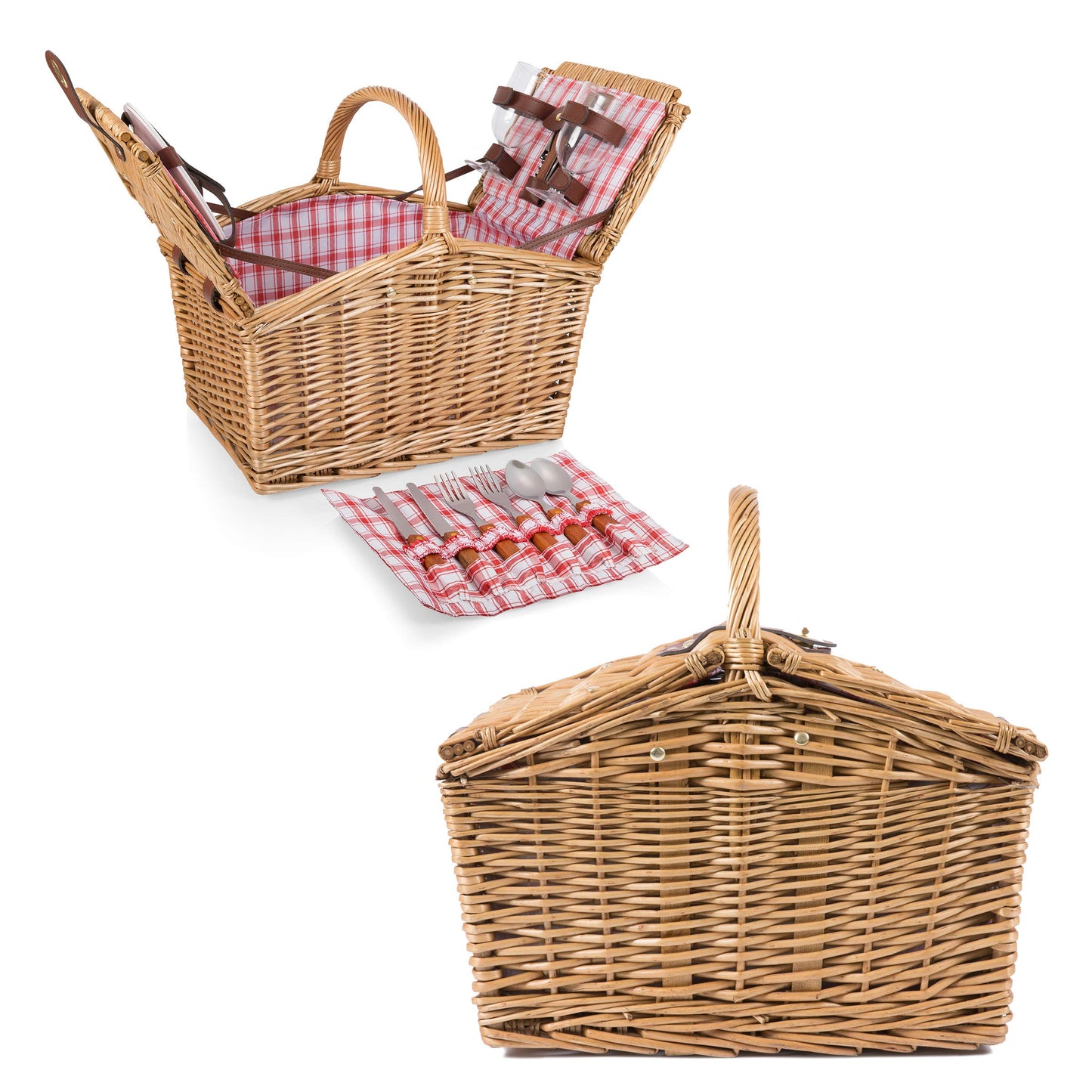 PICNIC TIME Piccadilly Picnic Basket, Romantic Picnic Basket for 2 - Includes Utensil Set, Glasses, Plates, and Wine Opener, (Red & White Plaid Pattern)