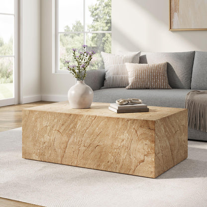 Modway Jordana 47 Inch Rectangle Concrete Coffee Table in Travertine – Plinth Coffee Table with Faux Stone Finish – Concrete Furniture Center Table for Living Room or Patio