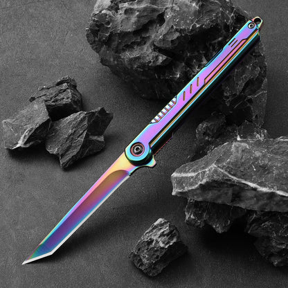 DRACHENADER Tanto Folding Knife for Women and Men, Rainbow Pocket Knife Color Slim Gentleman's Tanto Balde Small EDC Knife for Keychain