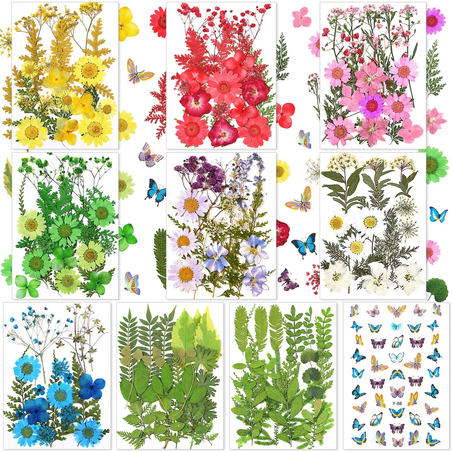 Nuanchu 223 Pcs Real Dried Pressed Flowers for Crafts Natural Dried Leaves and Butterfly Stickers Set Colorful Daisy Flowers and Adhesive Butterfly Decals for DIY Resin Jewelry Nail Crafts Floral Art