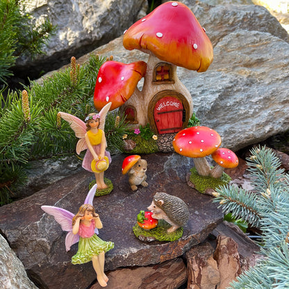 Mood Lab Fairy Garden Figurines - Mushroom House Set (6 pcs) - Miniature Decorative Statues & Accessories - Outdoor & Indoor Garden Decor