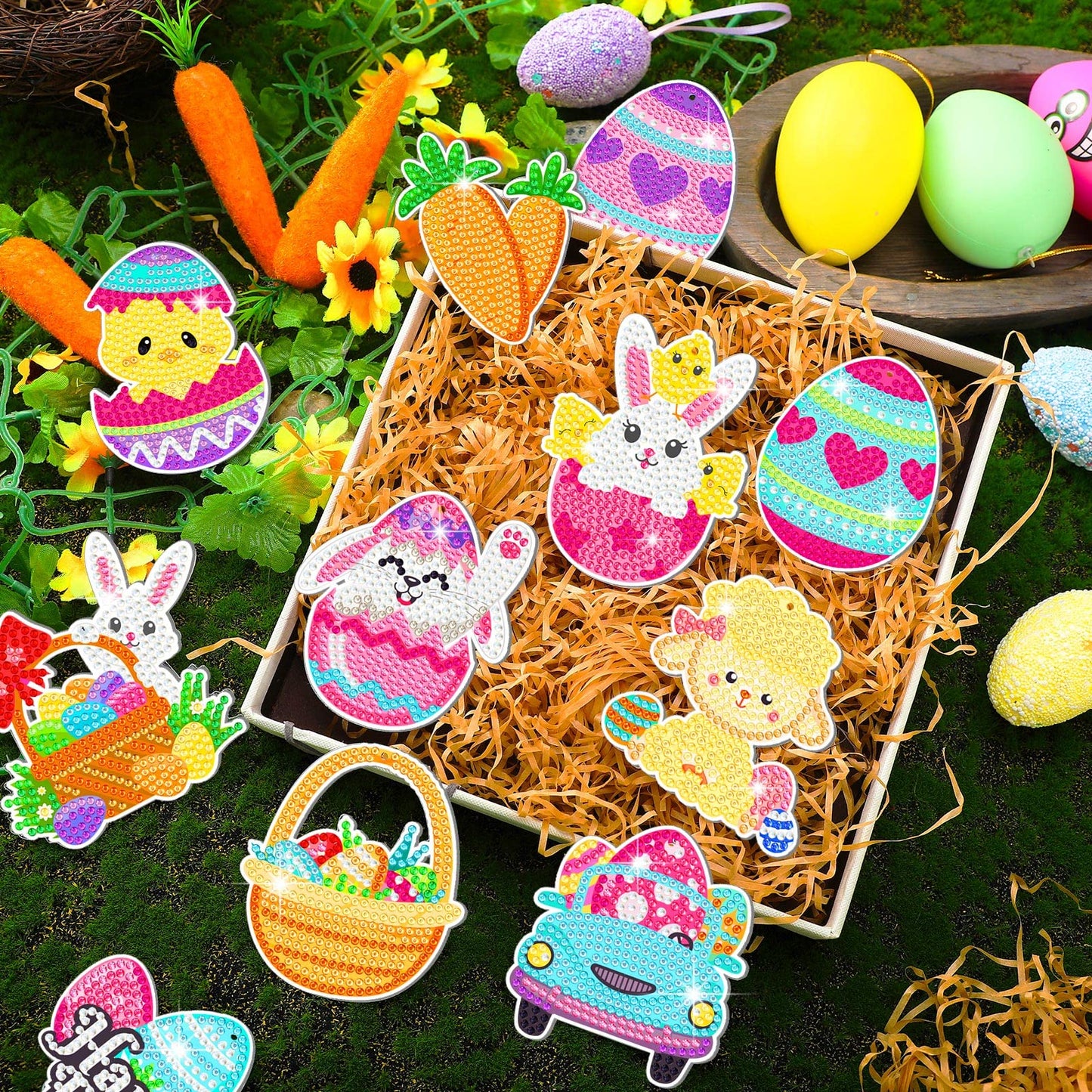 Frienda 24 Pcs Easter Diamond Painting Kits Easter DIY 5d Diamond Painting Keychains by Numbers Arts and Crafts for Adult Decorative Bunny Egg Ornament Decoration