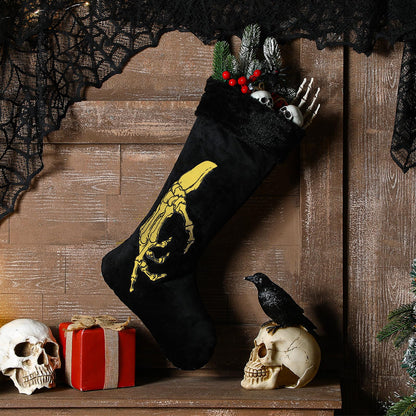 Croknit 2 Pcs Gothic Christmas Stocking Black Velvet Stocking Goth Xmas Skeleton Hand Embroidered Stockings Hanging Ornaments Santa Candy Gift Bags for Christmas Home Decorations(Gold)