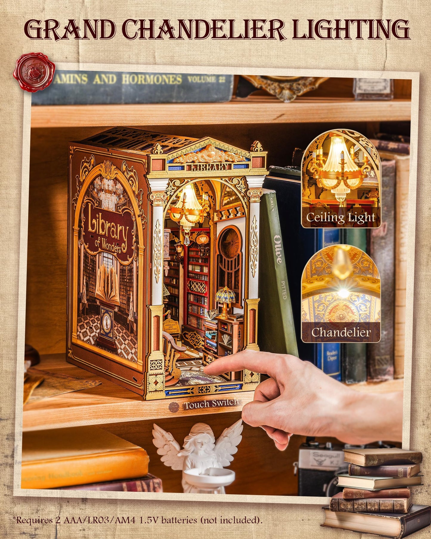 Rolife DIY Book Nook Kit - Library of Wonders 3D Wooden Puzzle | Baroque Miniature House with Grand Chandelier & Touch LED | 10.4" Bookshelf Insert Decor | Creative Gift for Adults (258 Pcs)