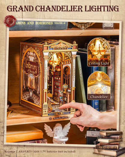 Rolife DIY Book Nook Kit - Library of Wonders 3D Wooden Puzzle | Baroque Miniature House with Grand Chandelier & Touch LED | 10.4" Bookshelf Insert Decor | Creative Gift for Adults (258 Pcs)