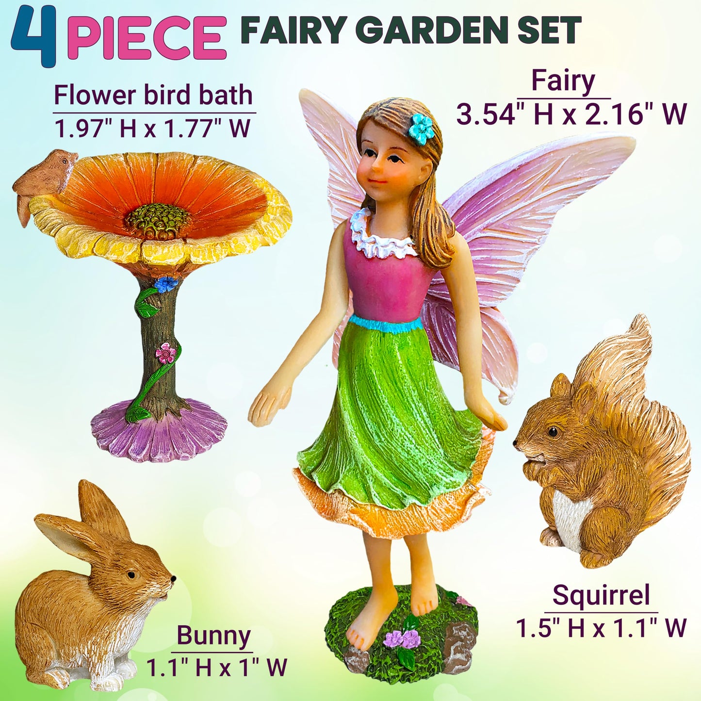 Mood Lab Fairy Garden Figurines with Flower - Miniature Decor Set (4 pcs) - Statues & Accessories - Outdoor Indoor Garden Decor
