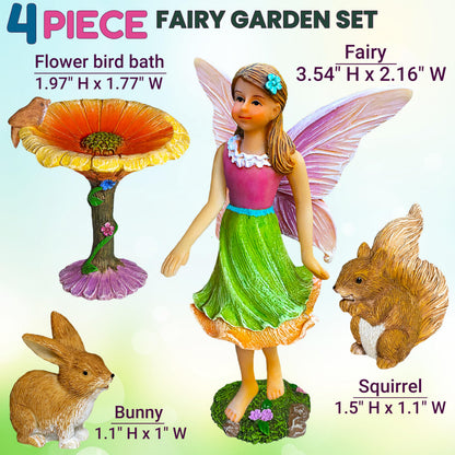 Mood Lab Fairy Garden Figurines with Flower - Miniature Decor Set (4 pcs) - Statues & Accessories - Outdoor Indoor Garden Decor