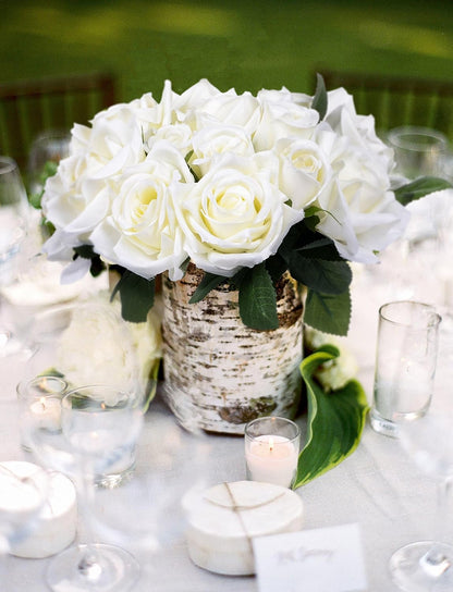 Artificial Flowers Rose Bouquet - 2 Pack Fake Silk Plastic White Roses, 18 Heads for Wedding Decoration