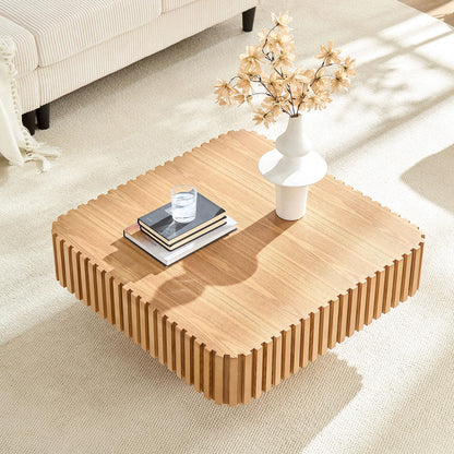 KEIKI 32" Handcraft Drum Square Wooden Coffee Table with Sturdy MDF Pedestal, Modern Style Solid Wood Relief Coffee Table, Easy Assembly, for Living Room, Bedroom, Reception Room, Natural Ash