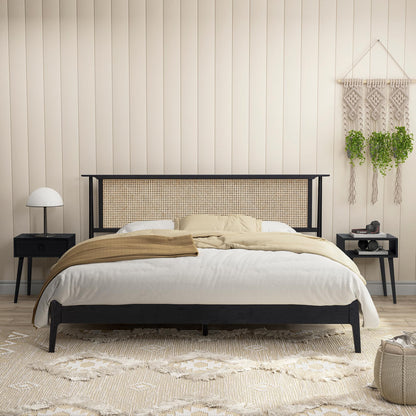 NTC Ruby Wooden Bed Frame with Headboard and Natural Rattan, Solid Oak Foundation with Silent Slats, 1000 Lb Capacity, Effortless Assembly, King - Burnt Black