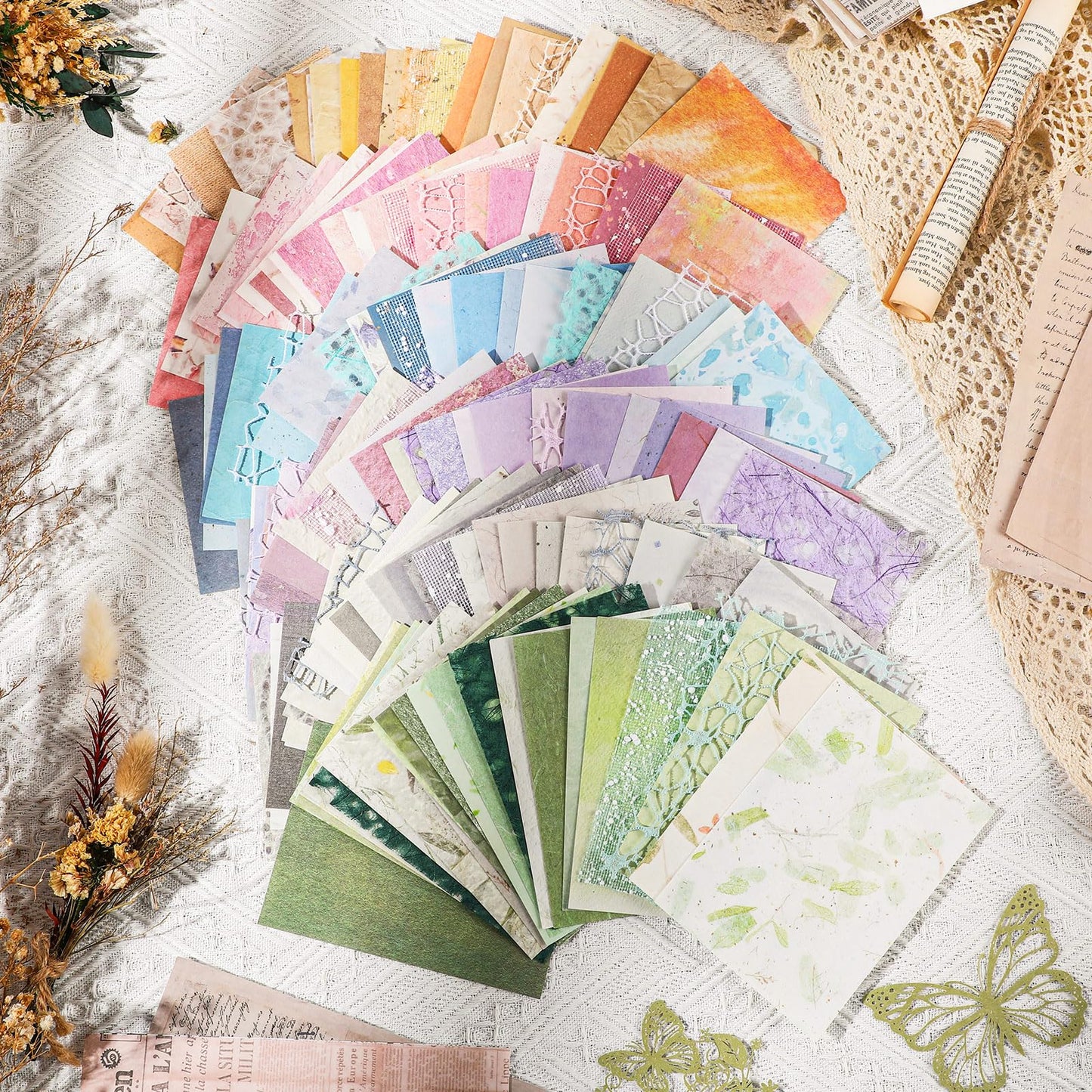Fullhawl 186 Pcs Scrapbook Paper and Mesh Fabric Assorted Scrapbook Supplies Journaling Scrapbooking 20 Sheets Flowers Stickers 10 Sheets Butterfly Paper for Planner Junk Journal Retro Crafts