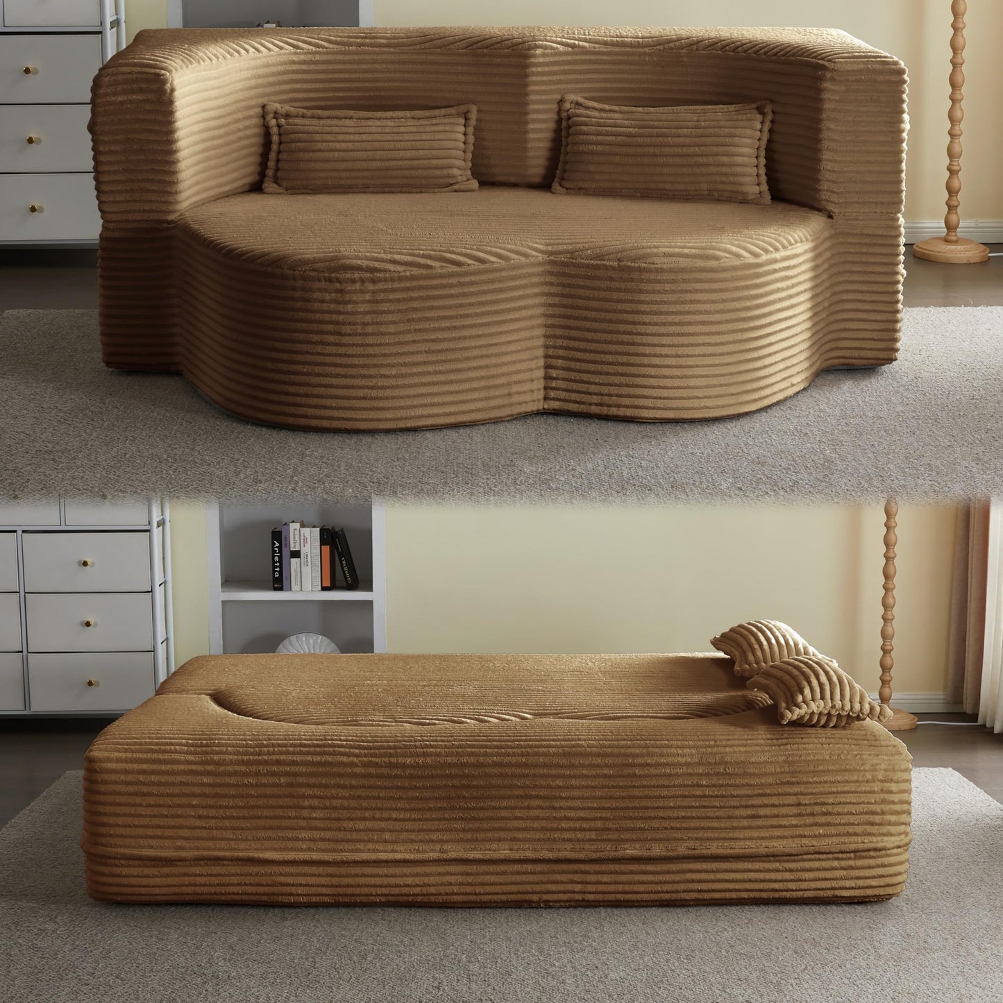 Ball & Cast 78" Convertible Sleeper Sofa Bed with Pillows, Corduroy Folding Mattress Couch Bed, Floor Futon Sofa Comfy Compressed Cloud Couch for Living Room,Camel