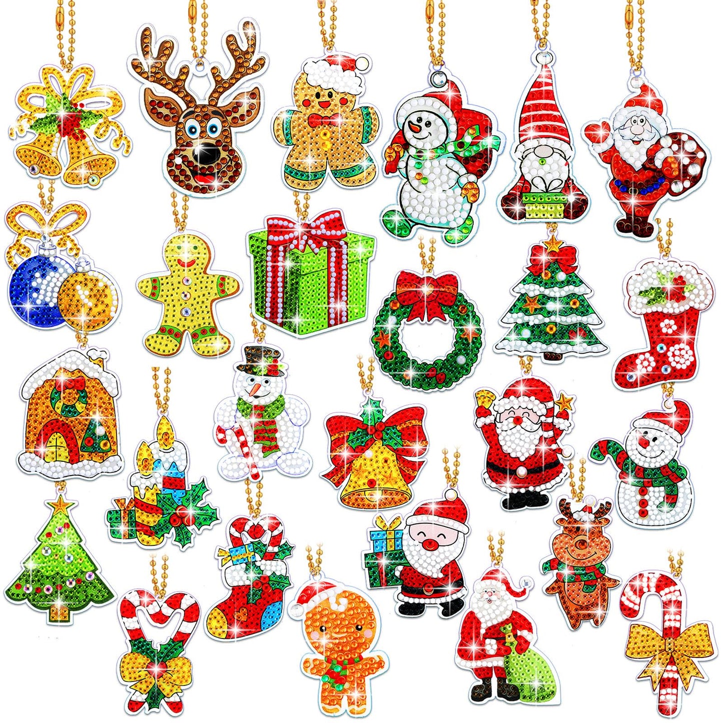 Junkin 26 Pcs Diamond Art Christmas Ornaments 5D DIY Christmas Diamond Painting Keychains Kits Xmas Hanging Painting Kit Snowman Santa Art Pendant Key Chains for Adult Craft Gift Family Decor(Cute)