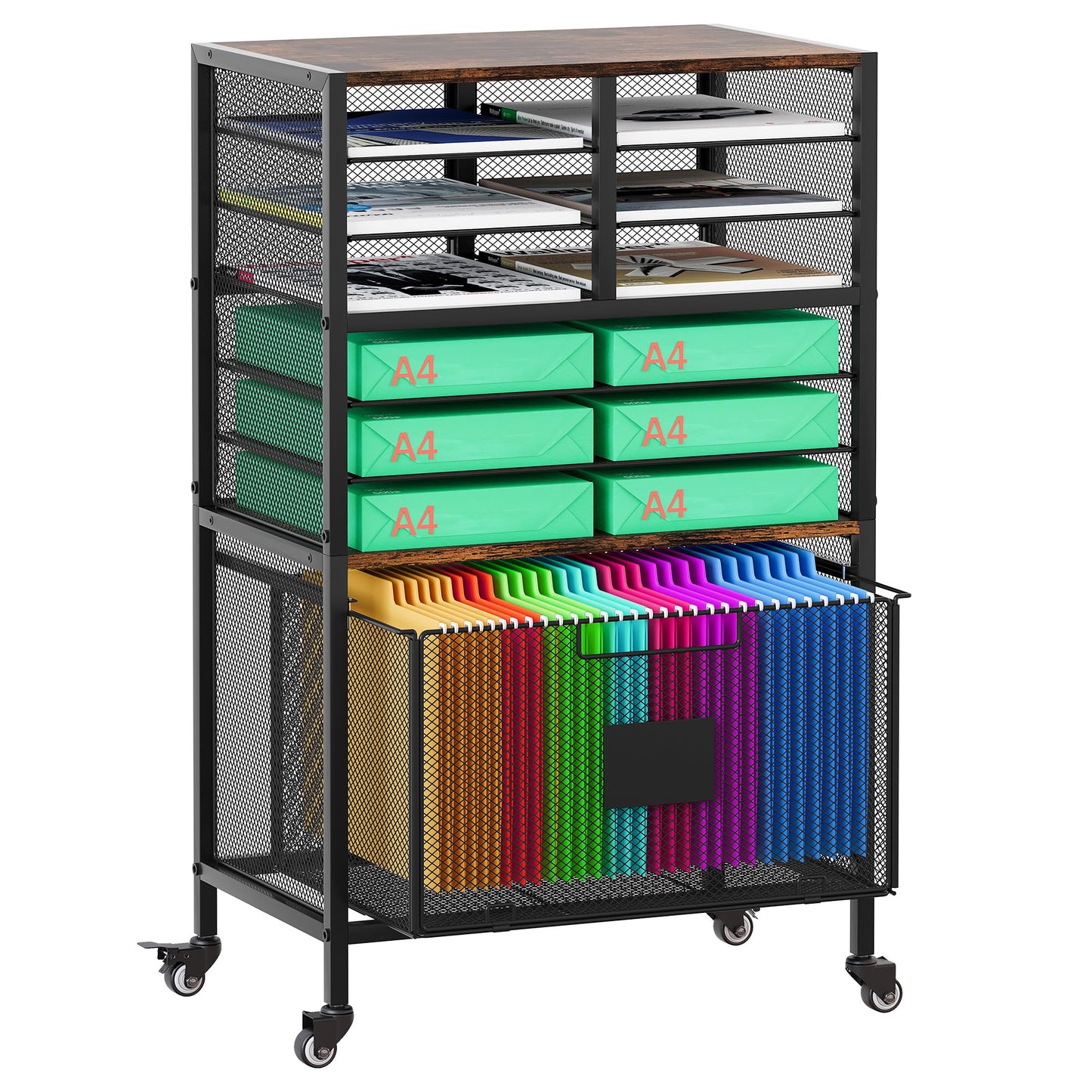 EasyPAG Rolling Cart with Storage Drawer, Under Desk Filling Cabinet with Mail Sorter, Pull Out Hanging File Rack for Letter Size Folders, Mobile Utility Craft Cart for Home Office, Black